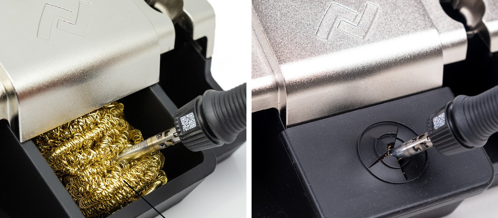 Gentle cleaning of the soldering tip with dry cleaner and optional splash guard for more cleanliness at the workplace